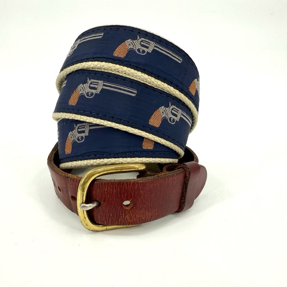 Leather Man Ltd Canvas & Top Grain Leather Belt Size 42 Revolver Pistol Themed